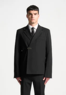 Double Breasted Pinstripe Suit Jacket - Black