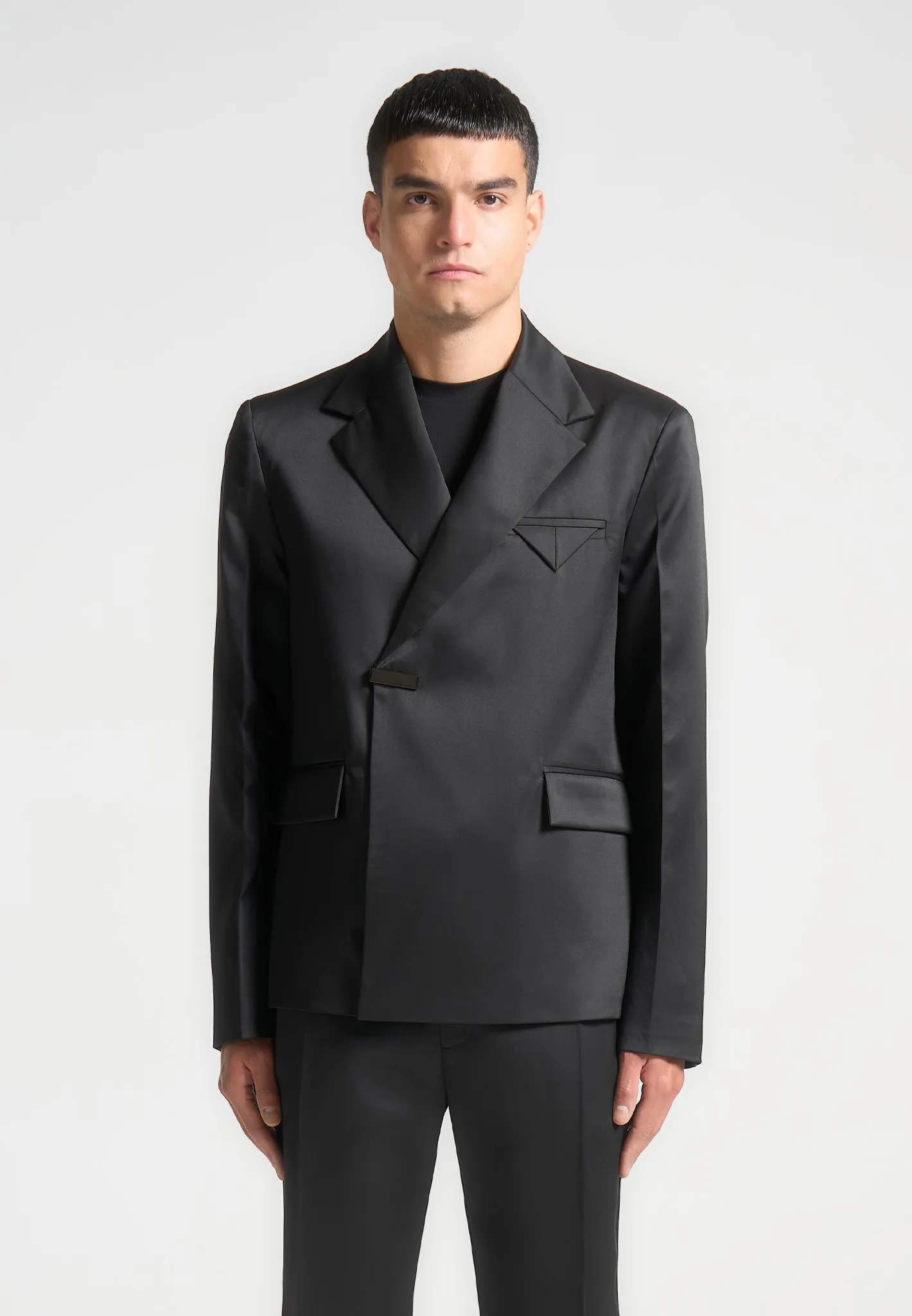 Double Breasted Satin Suit Jacket - Black