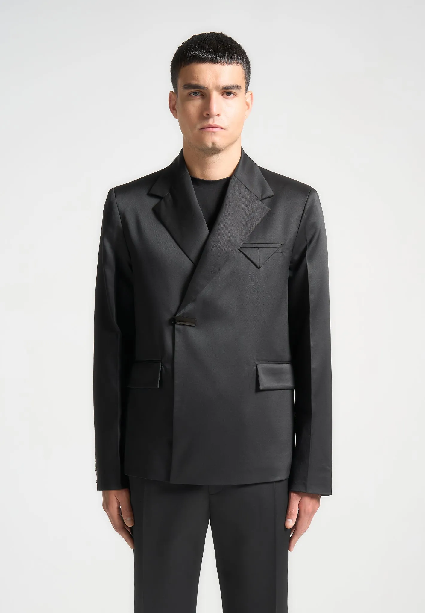 Double Breasted Satin Suit Jacket - Black