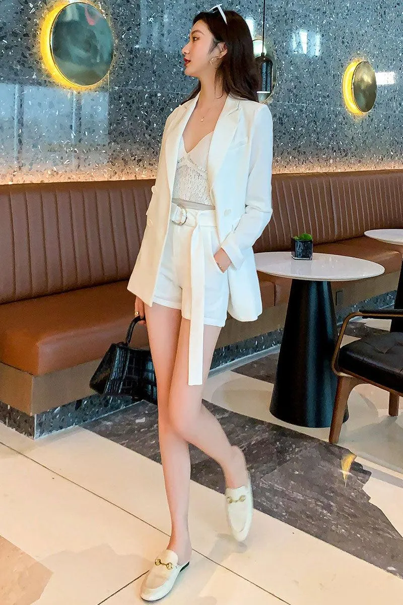 Double Breasted White Blazer & Shorts Suit Set