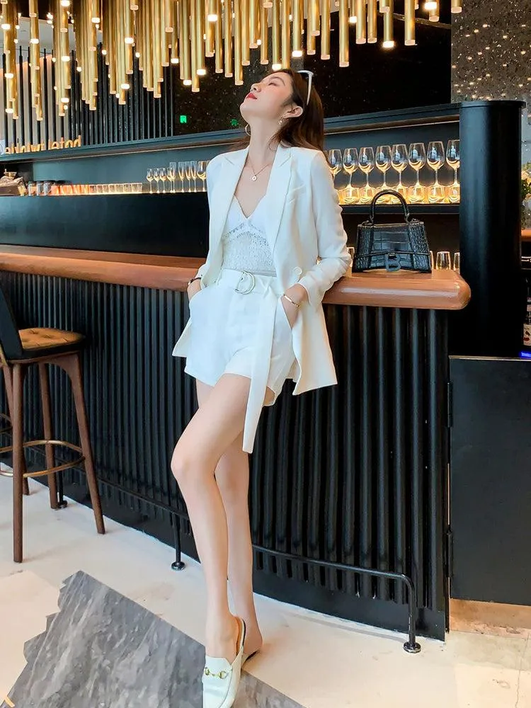 Double Breasted White Blazer & Shorts Suit Set