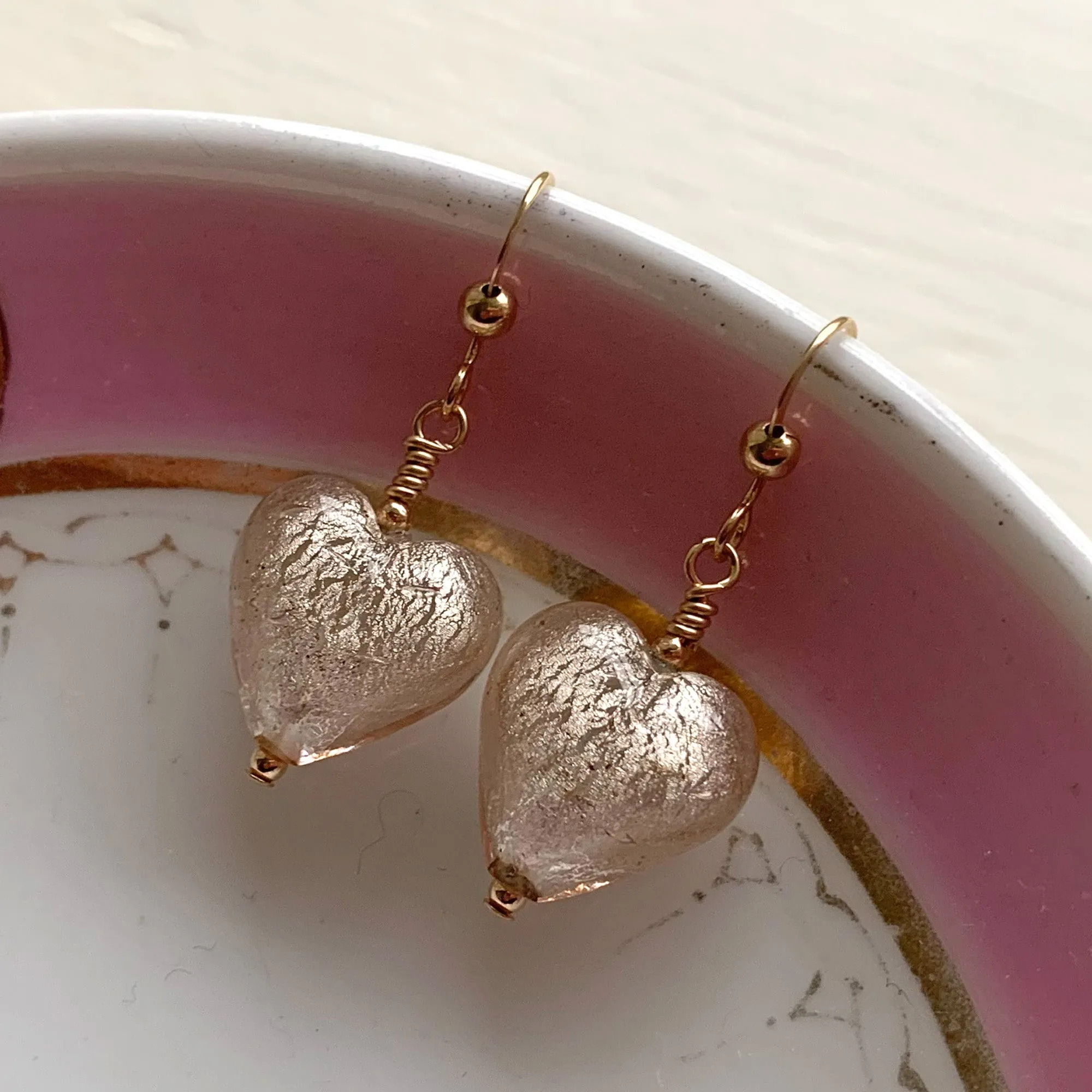 Earrings with champagne (peach, pink) Murano glass small heart drops on silver or gold