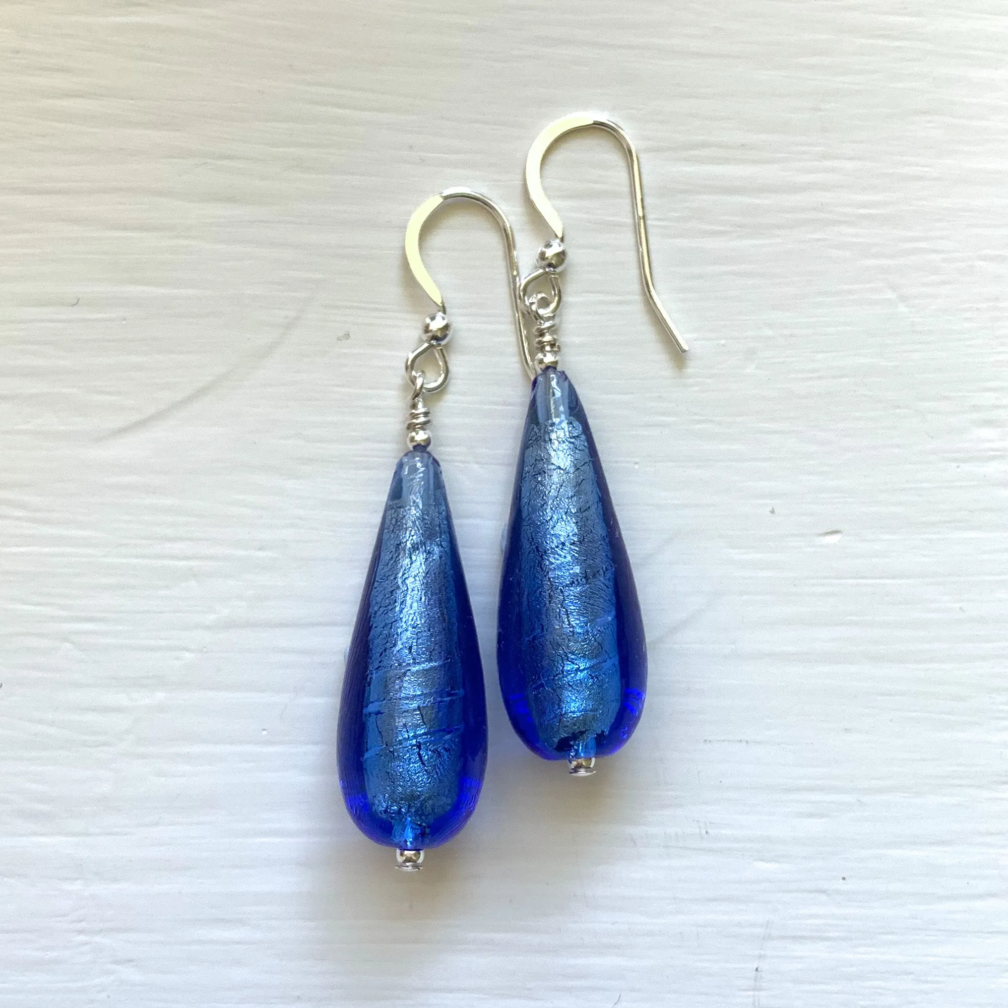 Earrings with cornflower blue Murano glass long pear drops on silver or gold hooks