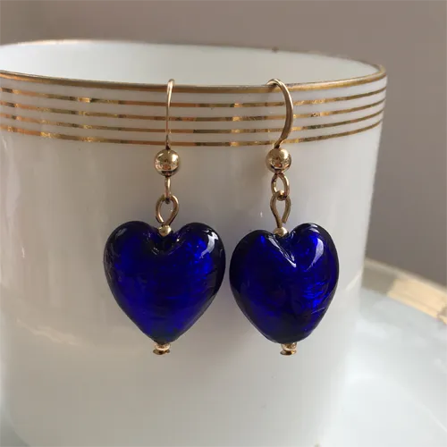 Earrings with dark blue (cobalt) Murano glass small heart drops on silver or gold hooks