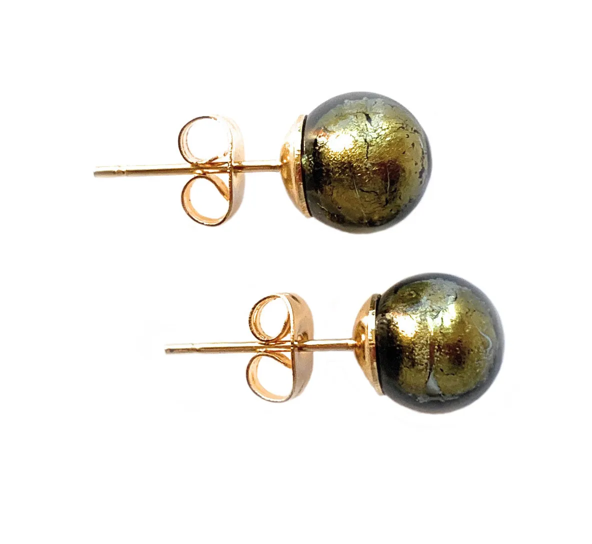 Earrings with grey and gold Murano glass sphere studs on 24ct gold plated posts