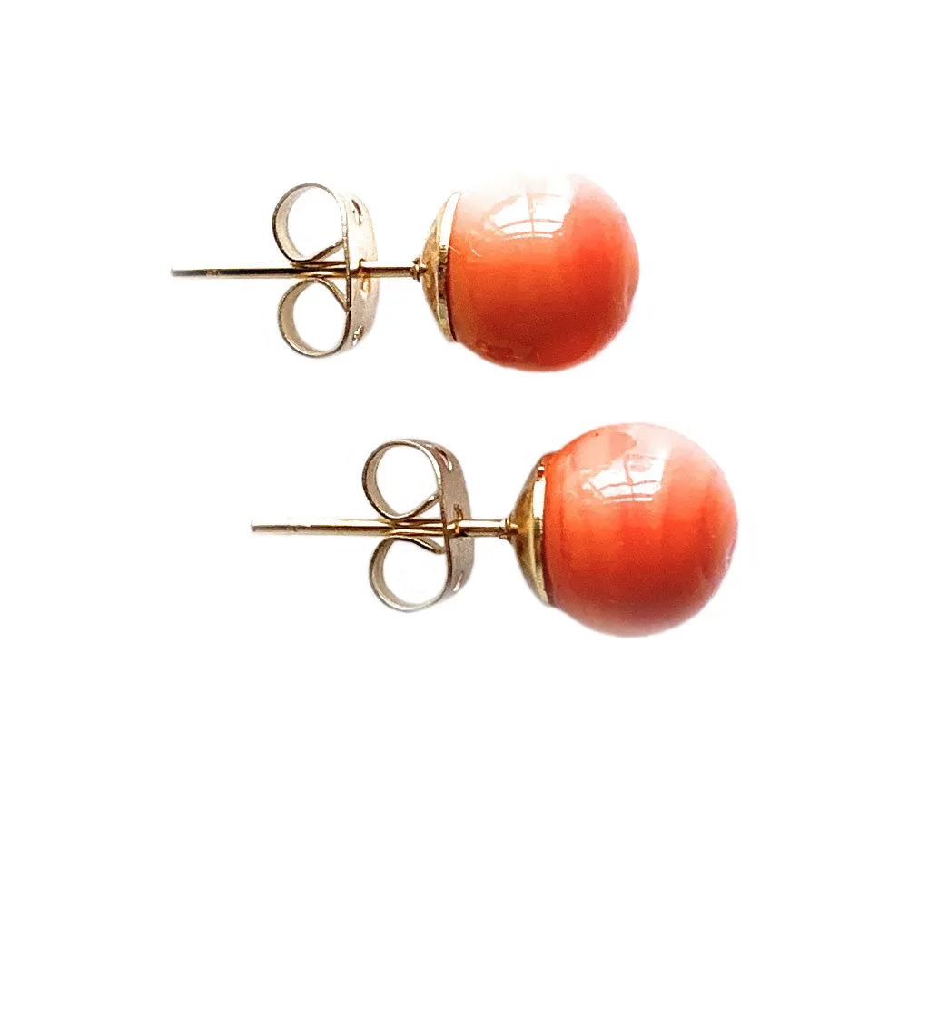 Earrings with orange pastel Murano glass sphere studs on 24ct gold plated posts