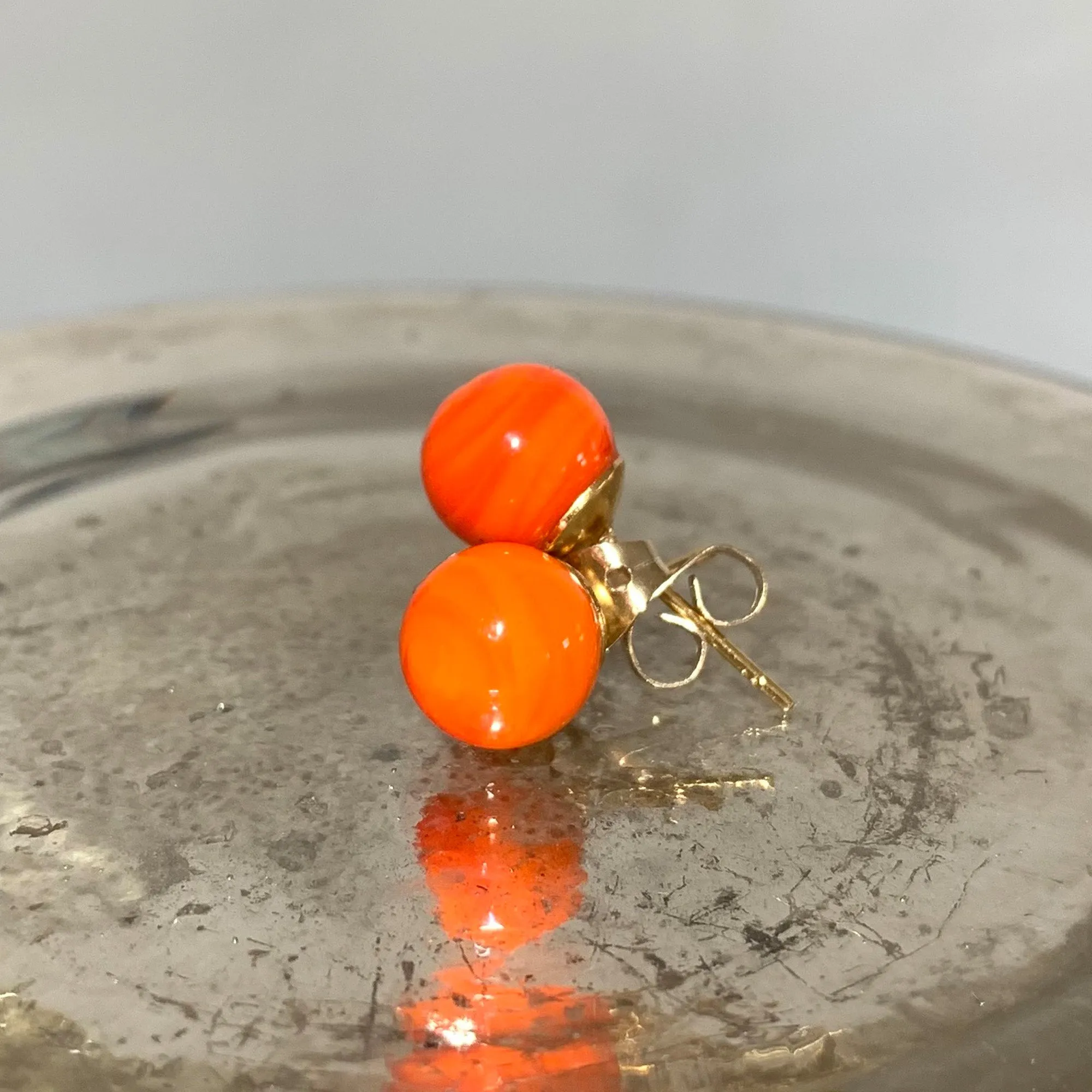 Earrings with orange pastel Murano glass sphere studs on 24ct gold plated posts