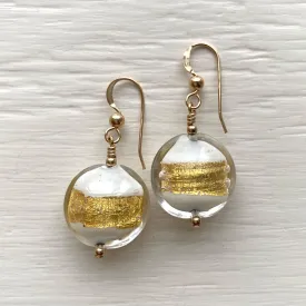 Earrings with white pastel and gold Murano glass medium lentil drops on silver or gold