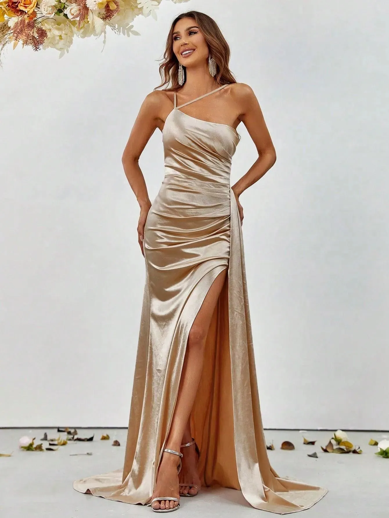 Elegant Asymmetric Neckline Satin Mermaid Party Dress