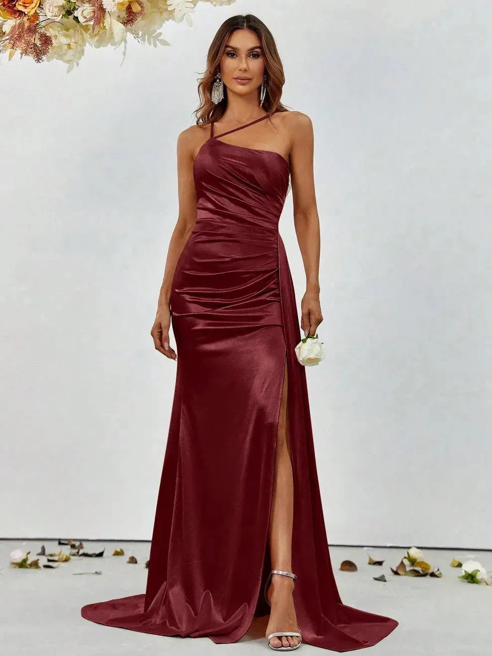 Elegant Asymmetric Neckline Satin Mermaid Party Dress