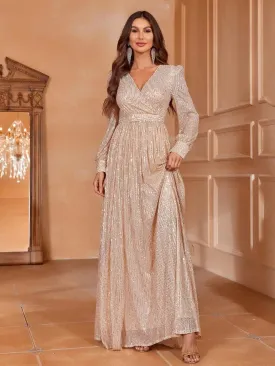 Elegant V Neck Long Sleeves Sequin A Line Dresses