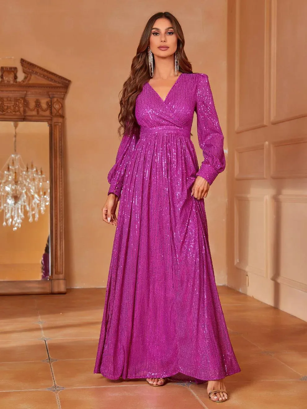 Elegant V Neck Long Sleeves Sequin A Line Dresses