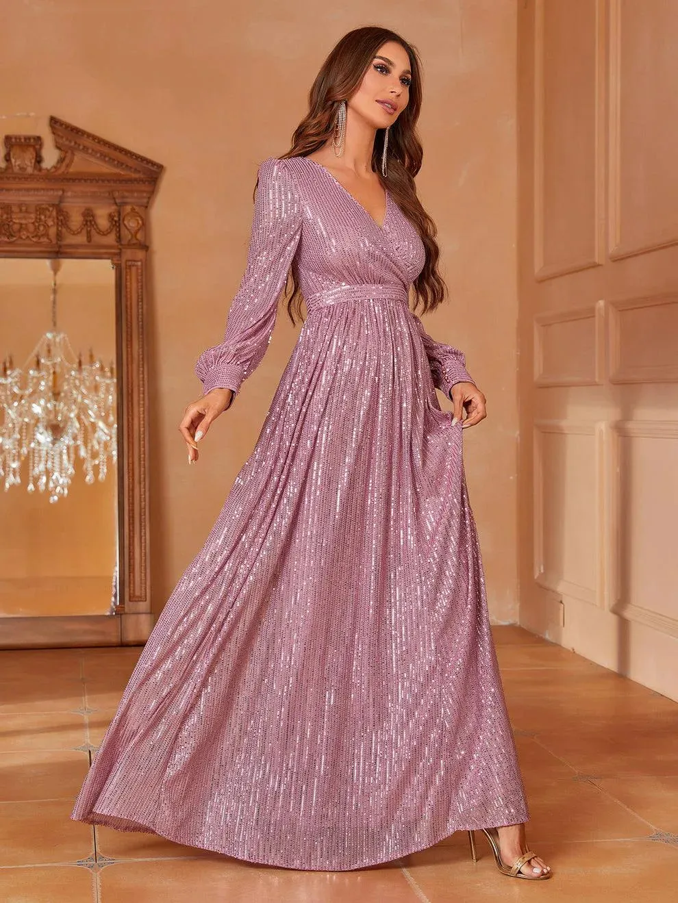 Elegant V Neck Long Sleeves Sequin A Line Dresses