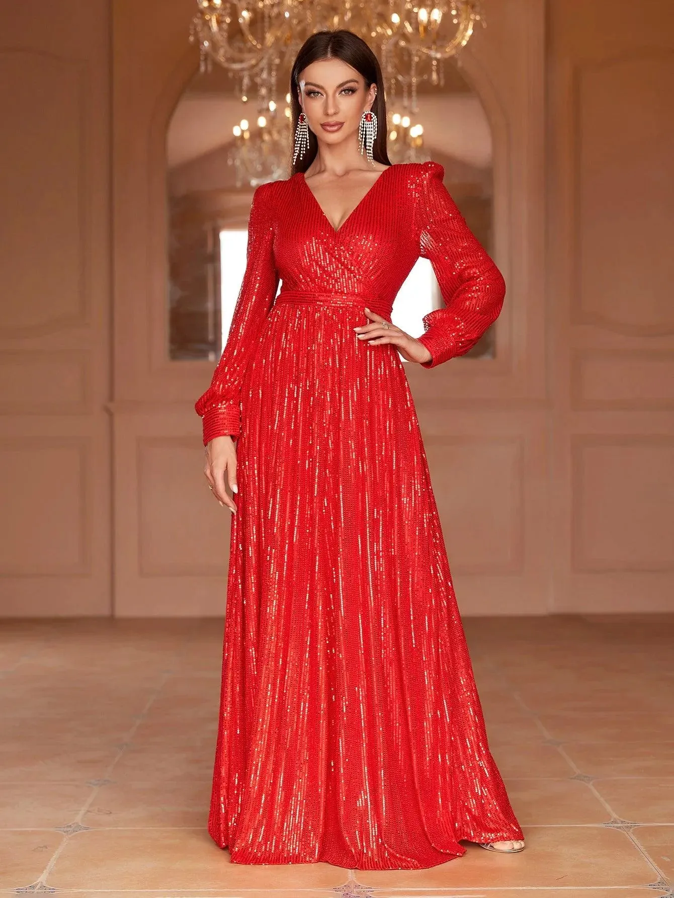 Elegant V Neck Long Sleeves Sequin A Line Dresses