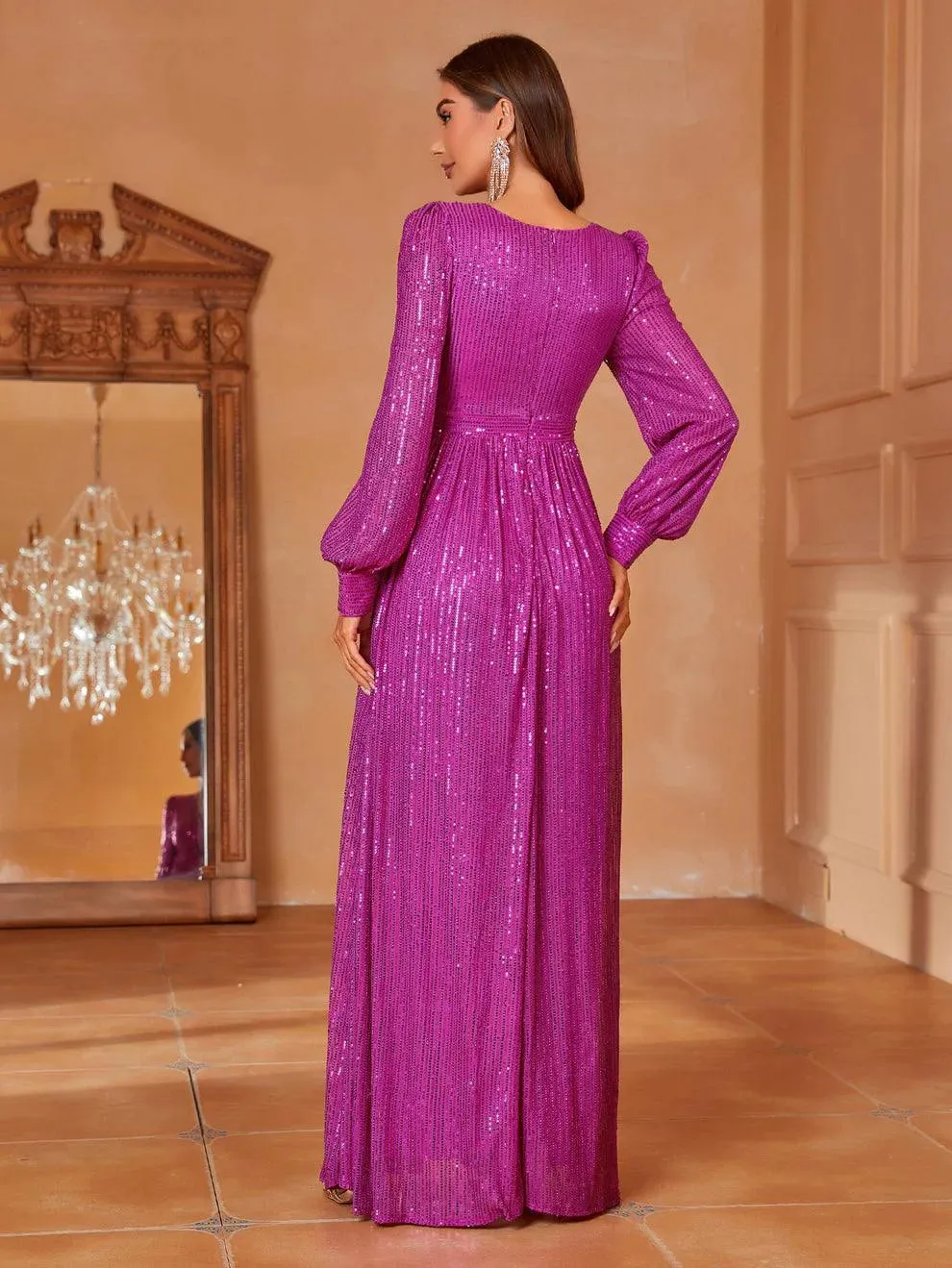 Elegant V Neck Long Sleeves Sequin A Line Dresses