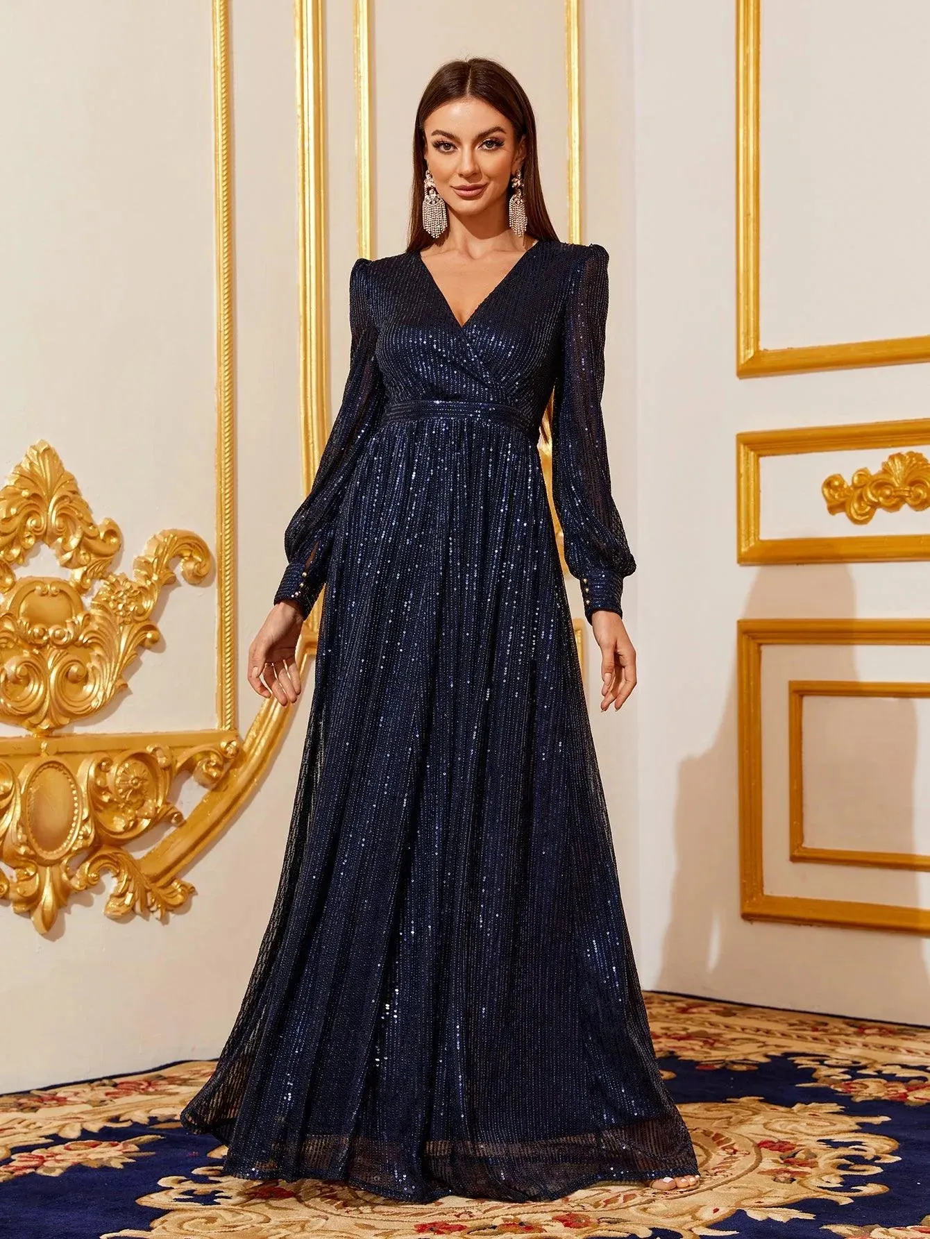 Elegant V Neck Long Sleeves Sequin A Line Dresses