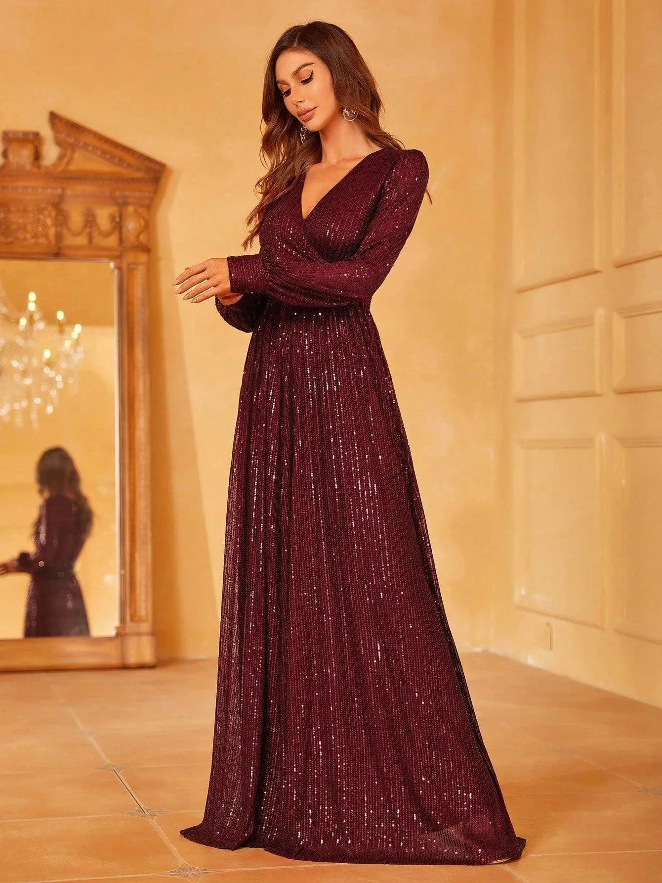 Elegant V Neck Long Sleeves Sequin A Line Dresses