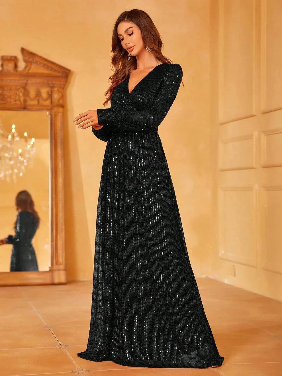 Elegant V Neck Long Sleeves Sequin A Line Dresses