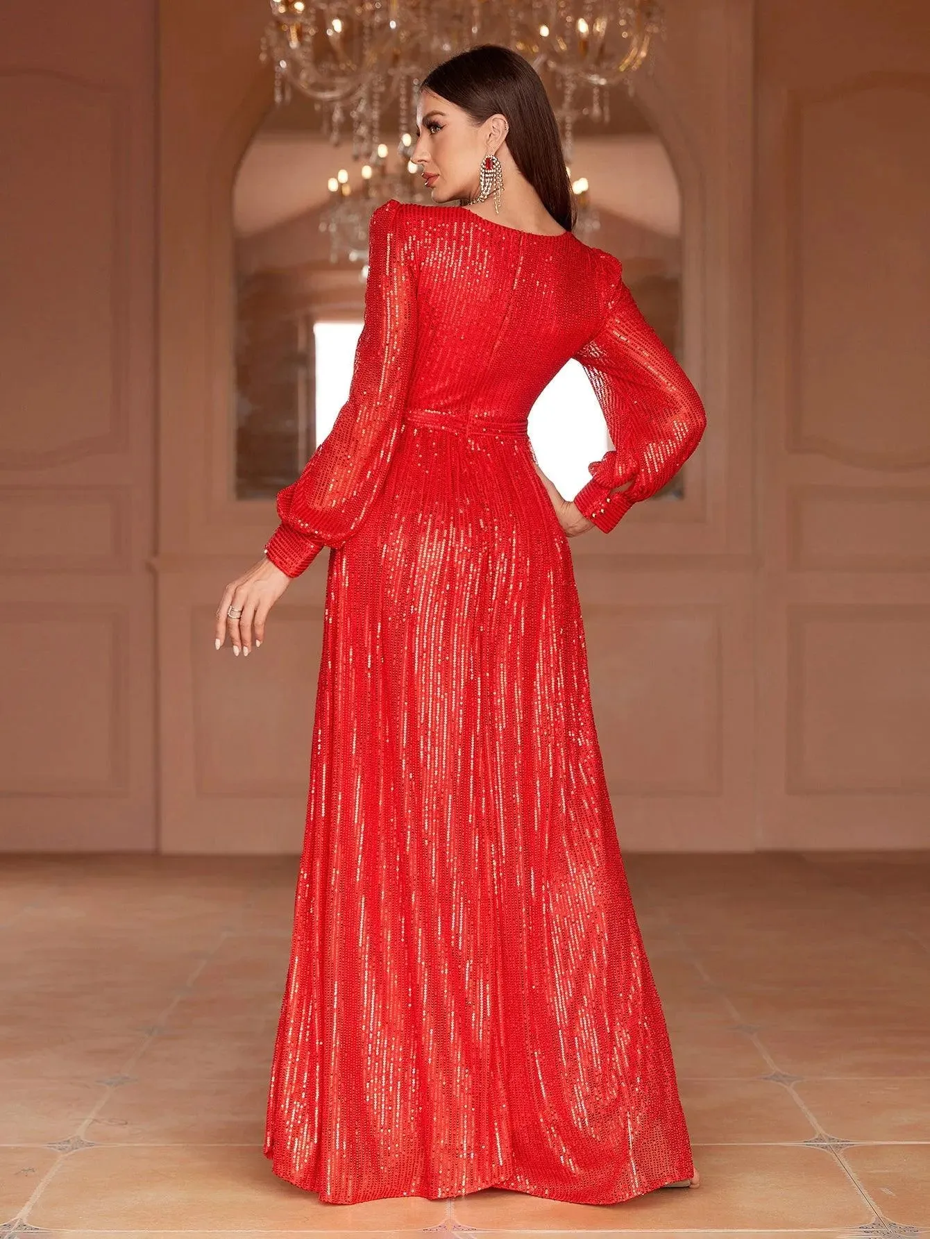 Elegant V Neck Long Sleeves Sequin A Line Dresses