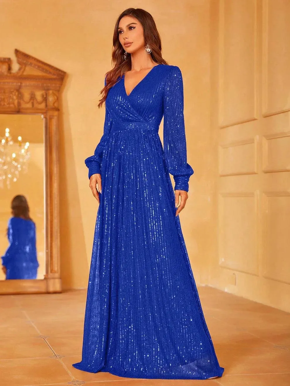 Elegant V Neck Long Sleeves Sequin A Line Dresses