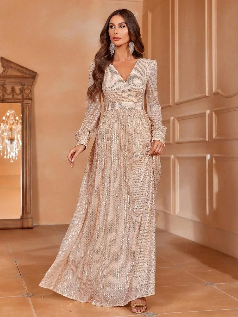 Elegant V Neck Long Sleeves Sequin A Line Dresses