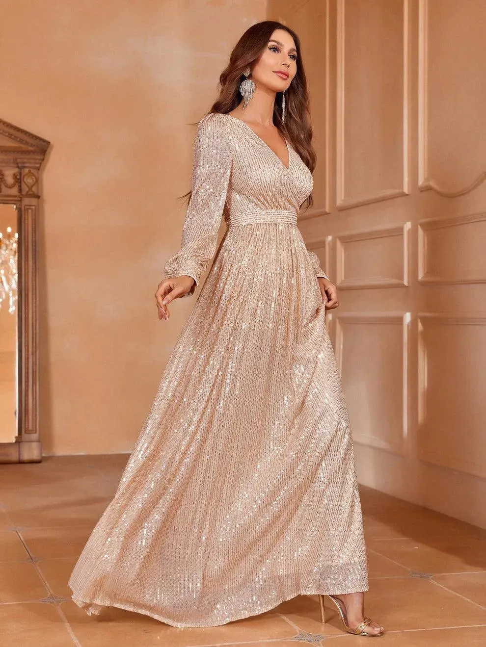 Elegant V Neck Long Sleeves Sequin A Line Dresses