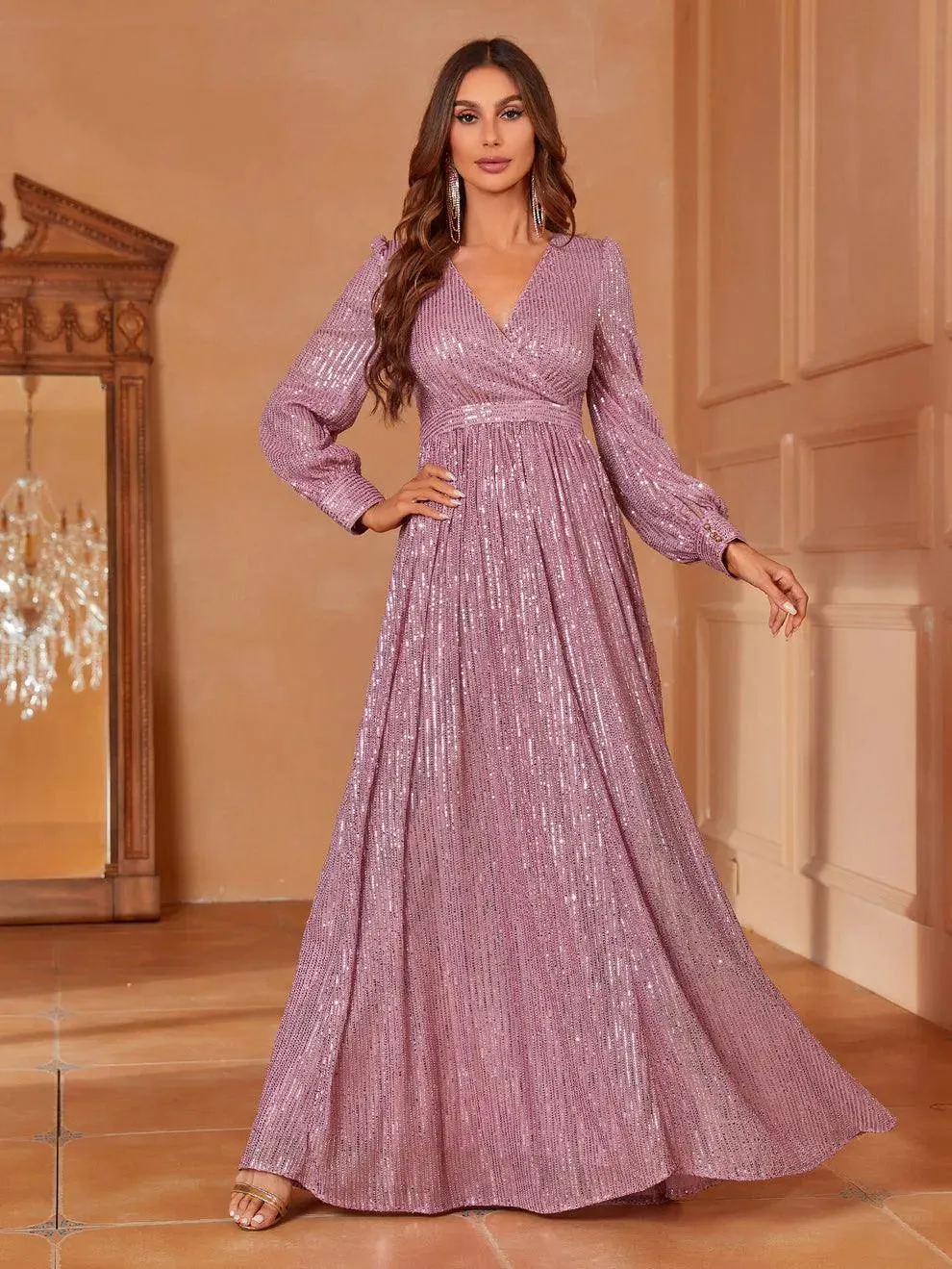 Elegant V Neck Long Sleeves Sequin A Line Dresses