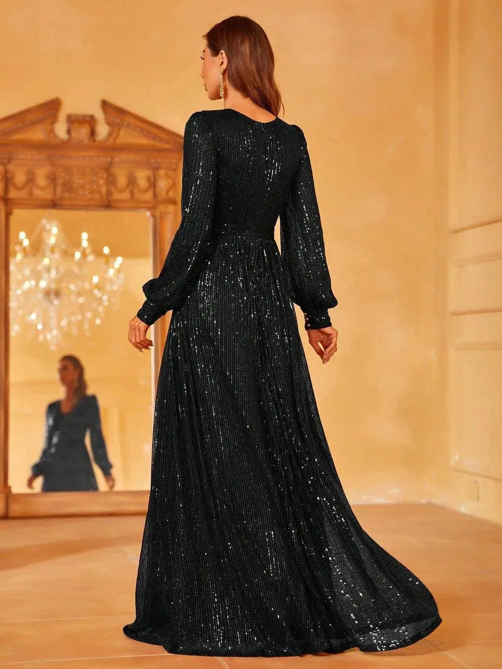 Elegant V Neck Long Sleeves Sequin A Line Dresses