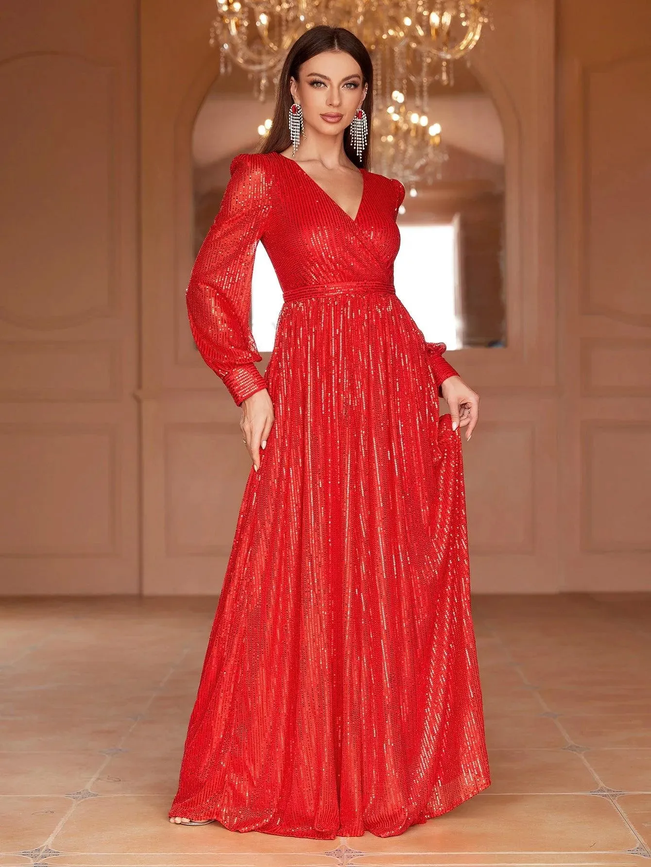 Elegant V Neck Long Sleeves Sequin A Line Dresses