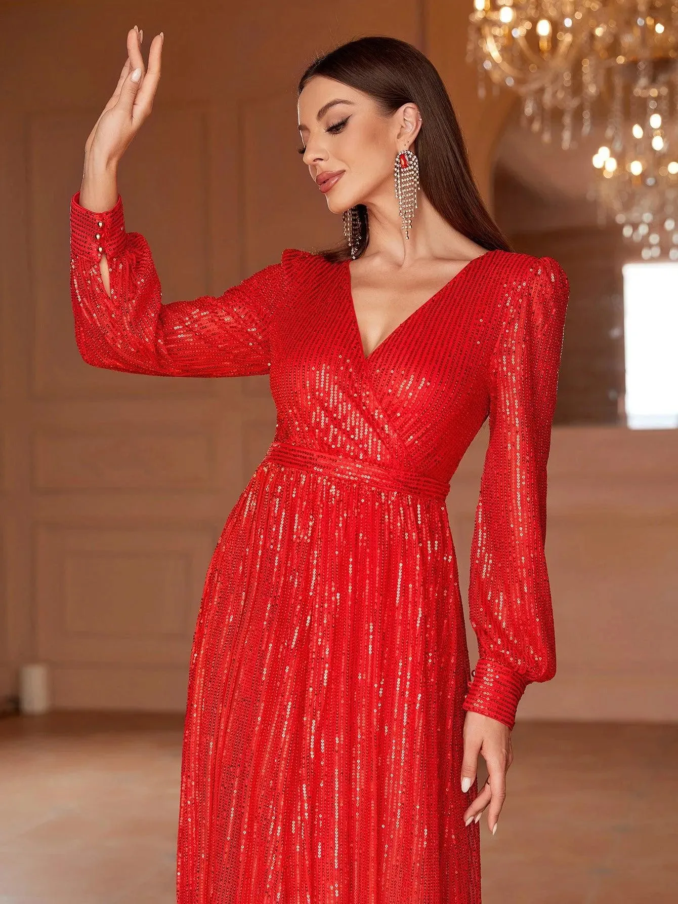 Elegant V Neck Long Sleeves Sequin A Line Dresses