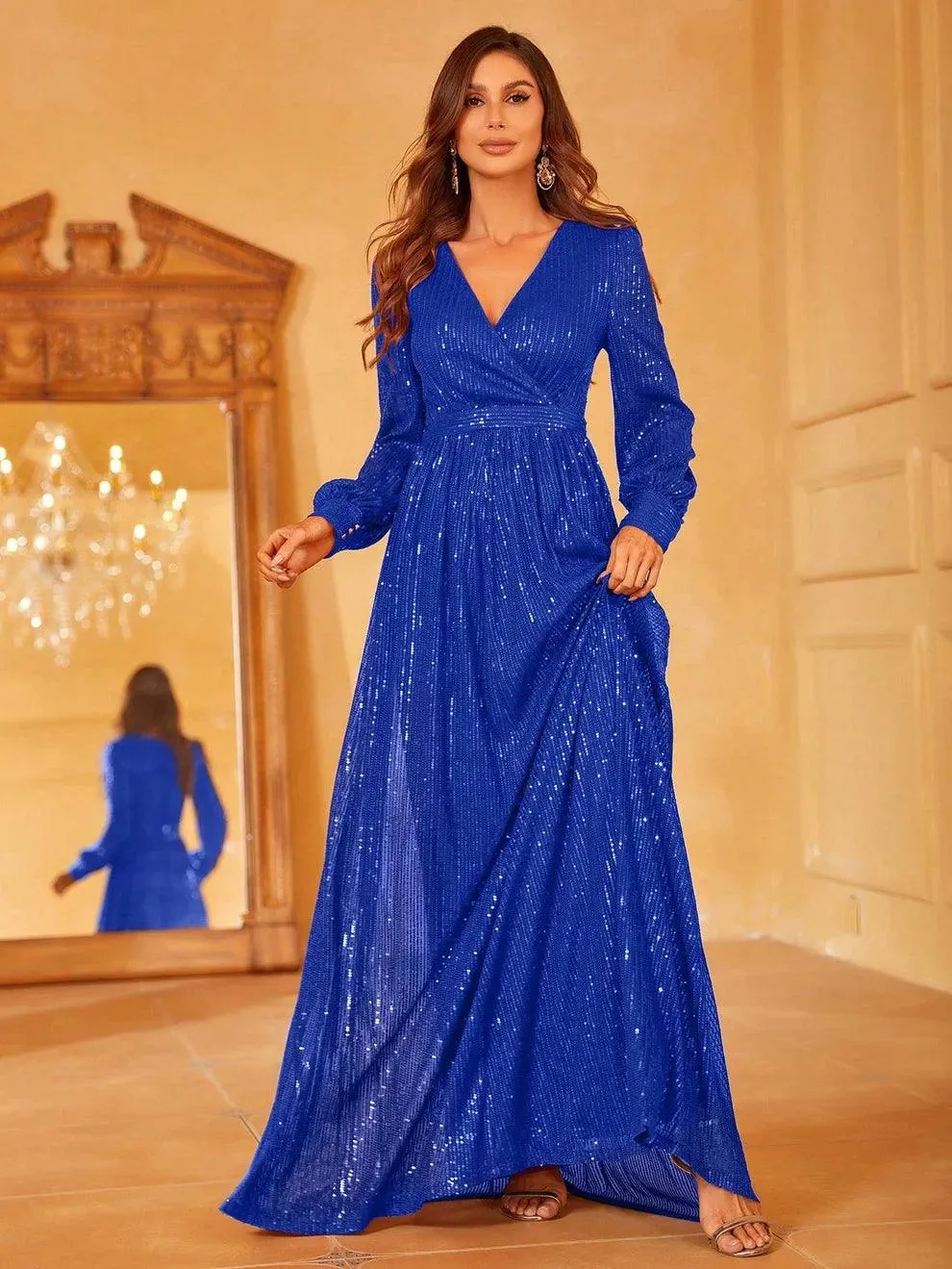 Elegant V Neck Long Sleeves Sequin A Line Dresses