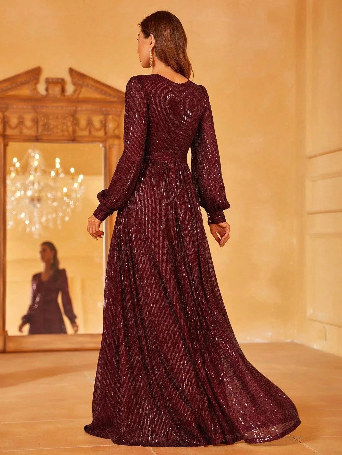 Elegant V Neck Long Sleeves Sequin A Line Dresses