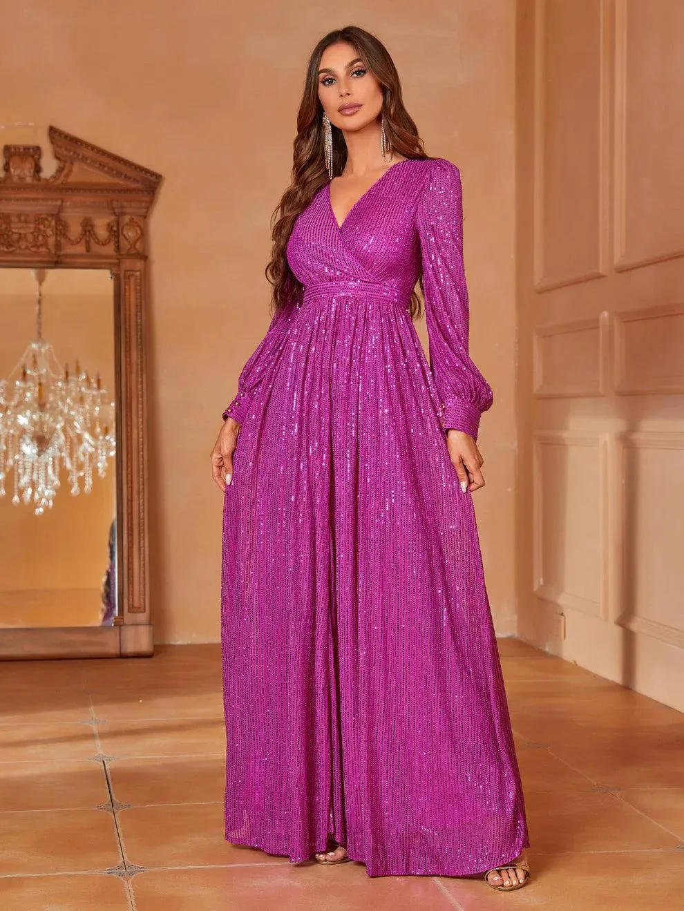 Elegant V Neck Long Sleeves Sequin A Line Dresses