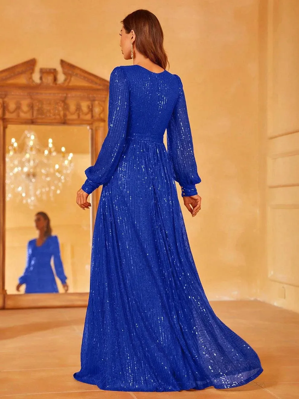 Elegant V Neck Long Sleeves Sequin A Line Dresses