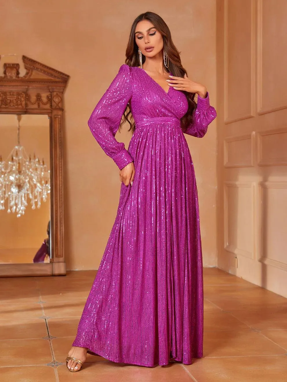 Elegant V Neck Long Sleeves Sequin A Line Dresses