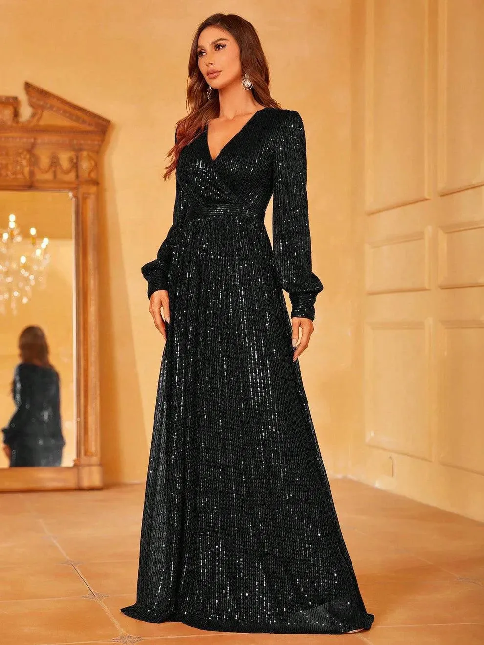 Elegant V Neck Long Sleeves Sequin A Line Dresses