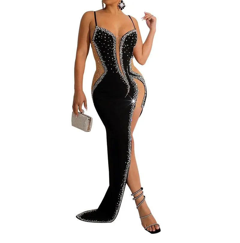 Formal Strapless Fitted Rhinestone Crystals Mesh Asymmetrical Prom Dress