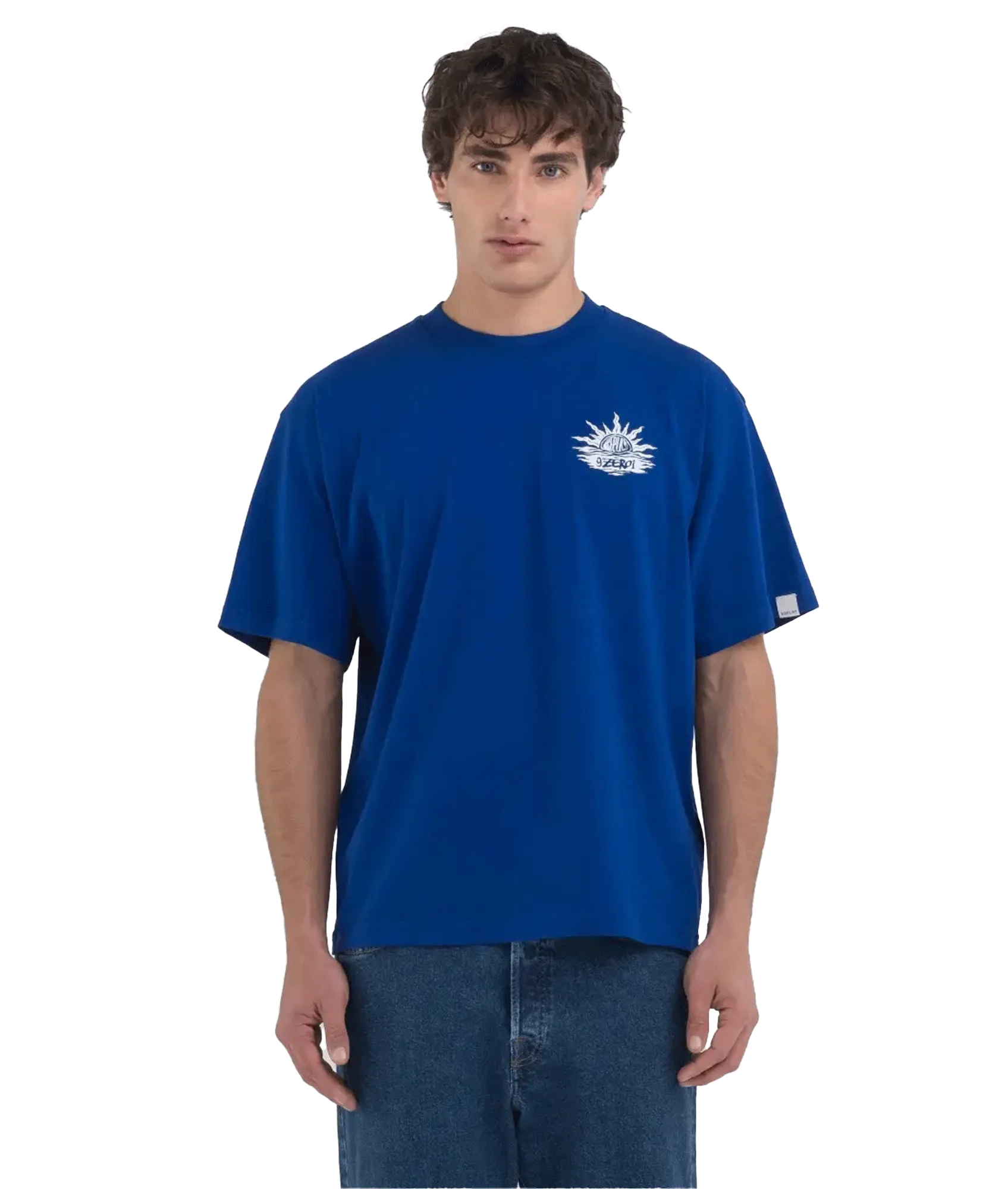 Genderless Crew-neck T-shirt With 9zero1 Logo and Graphic Prints - Blue