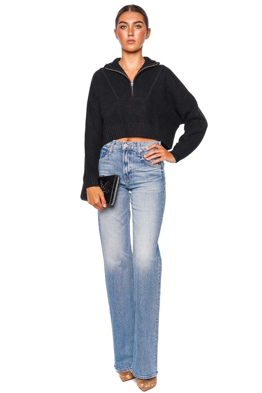 Hamptons Black Cropped Rib Knit Sweater