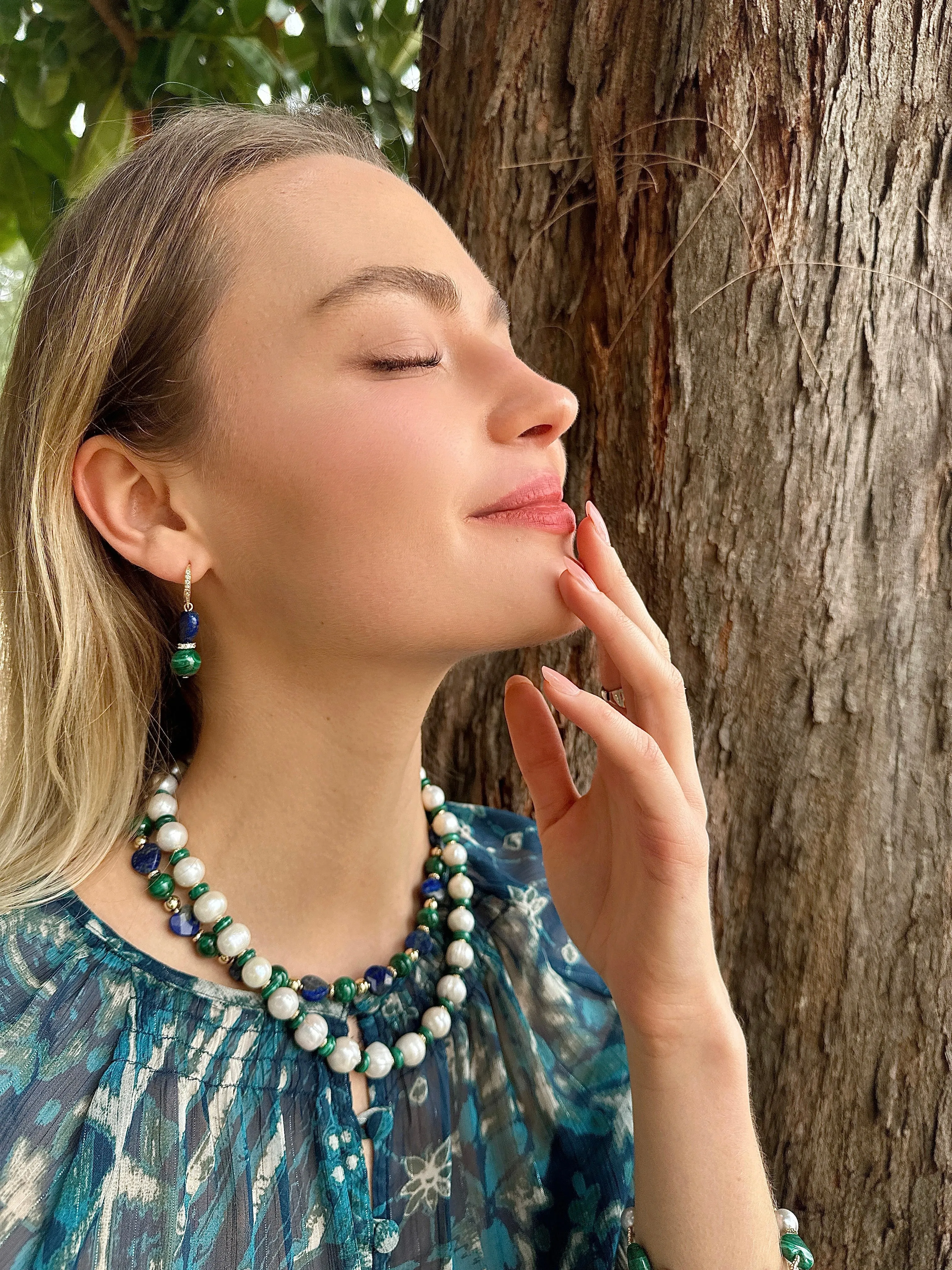 Heart-Shaped Lapis with Round Malachite Earrings LE032