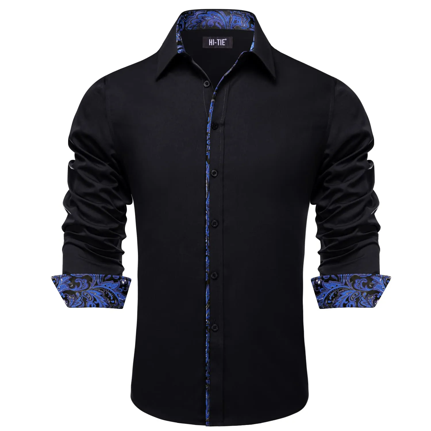 Hi-Tie Black Shirt with Blue Jacquard Collar Solid Shirt