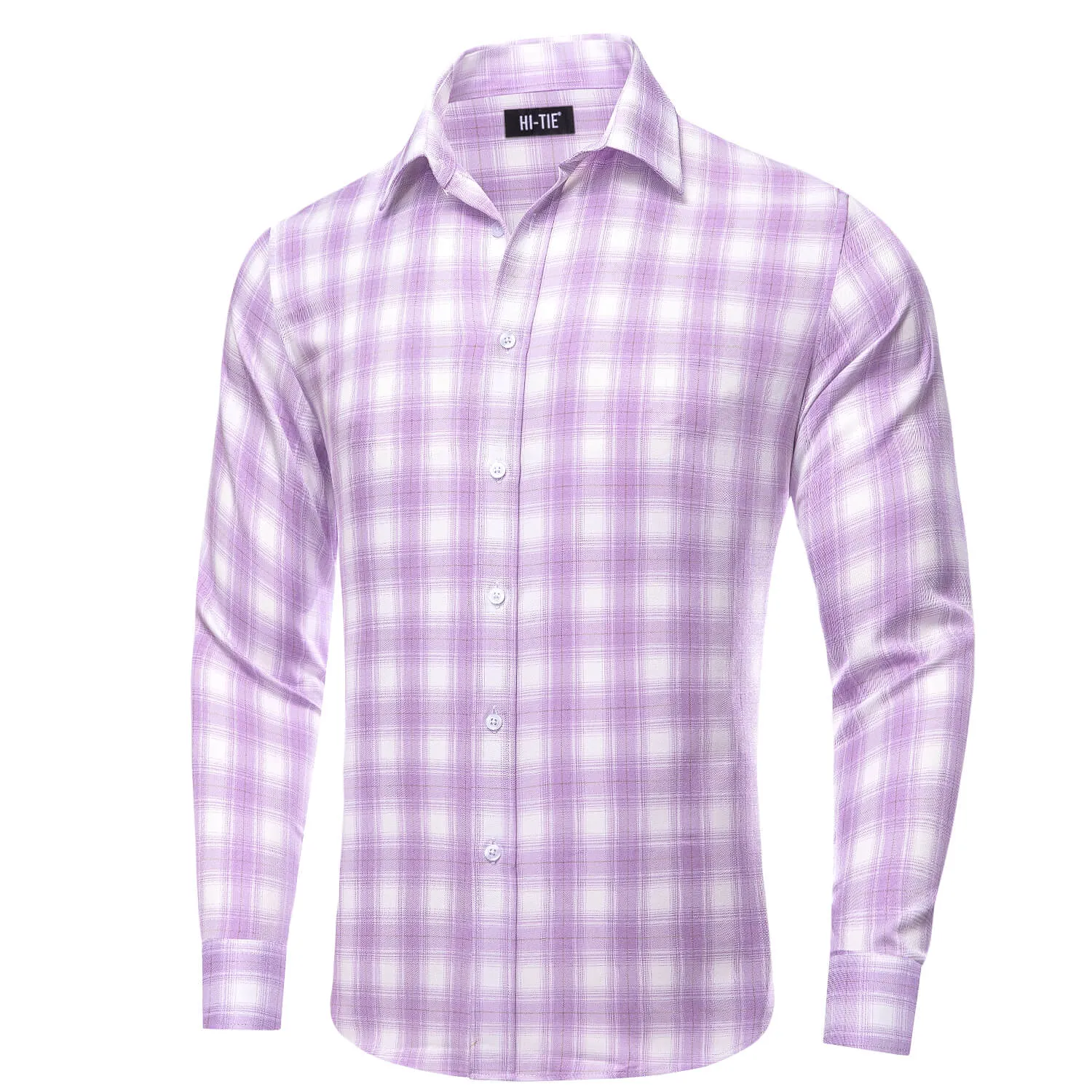 Hi-Tie Button Down Shirt Purple White Plaid Men's Silk Long Sleeve Shirt