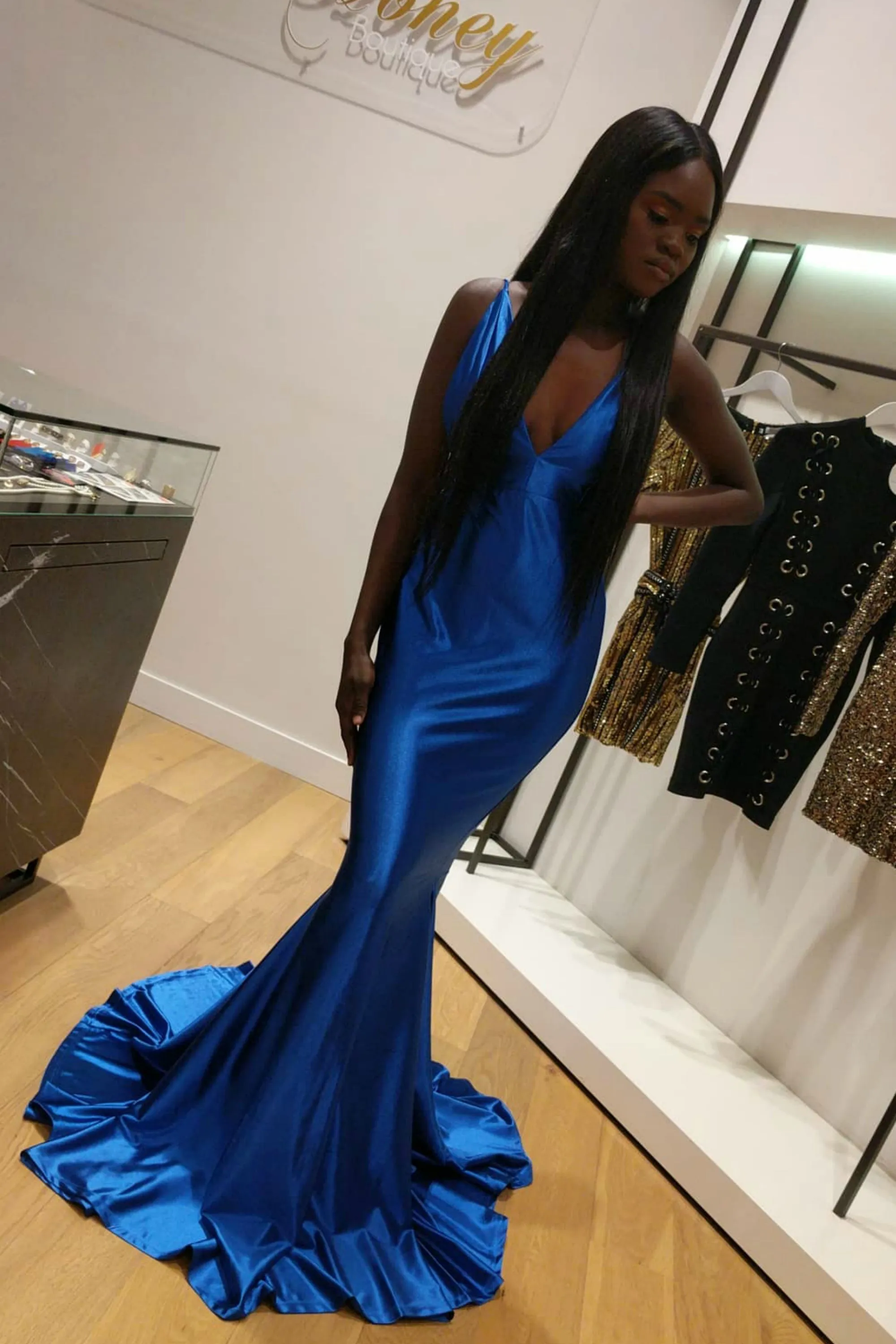 Honey Couture KYLEE Blue Mermaid Trumpet Low Back Formal Gown