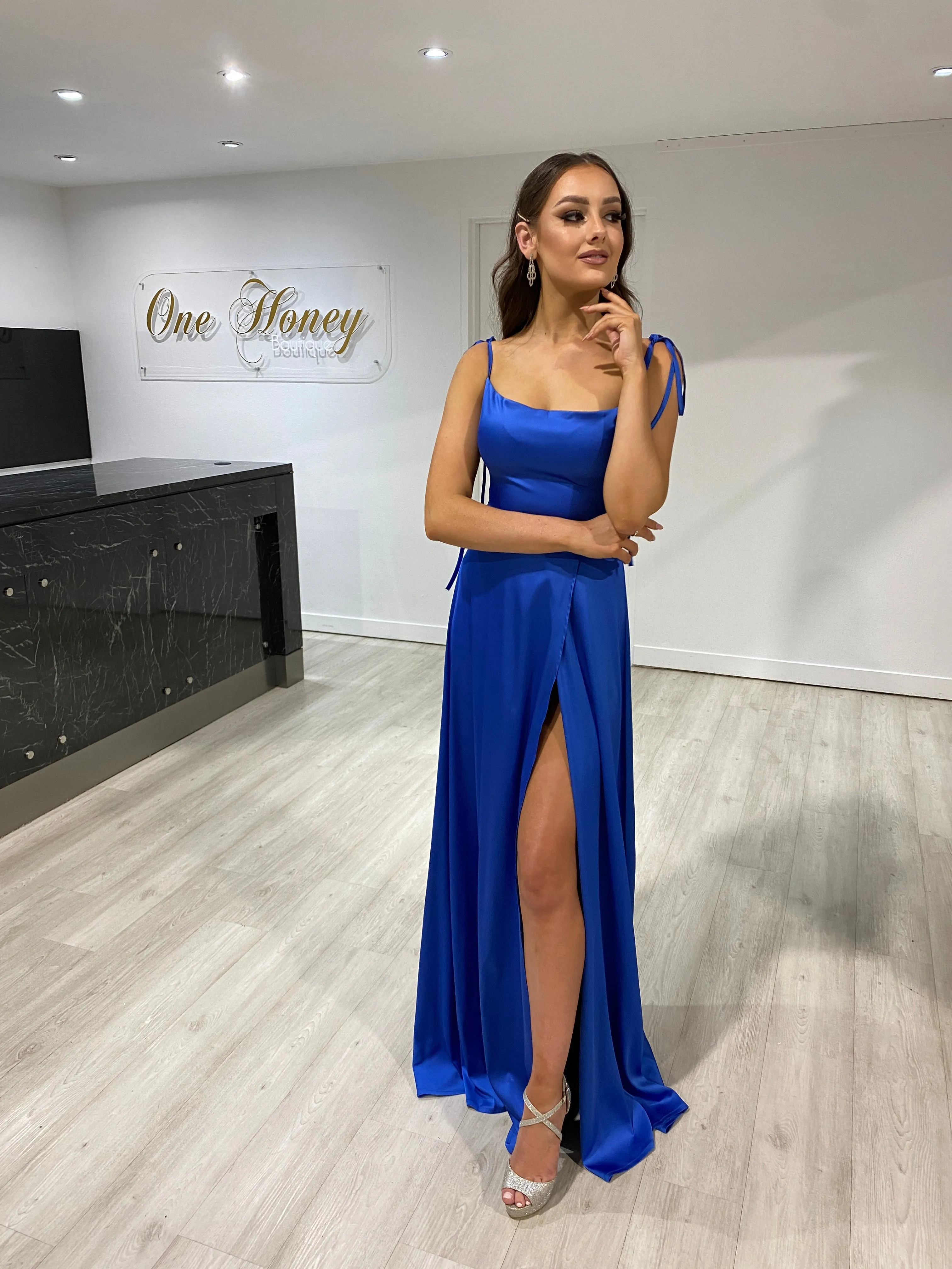 Honey Couture XENIA Blue Tie Up Formal Bridesmaid Dress