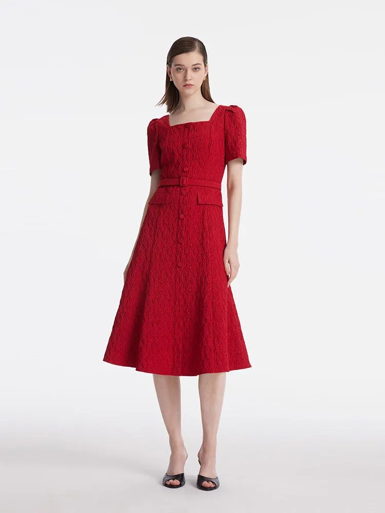 Jacquard Square Neck Single-Breasted Women Midi Dress With Belt