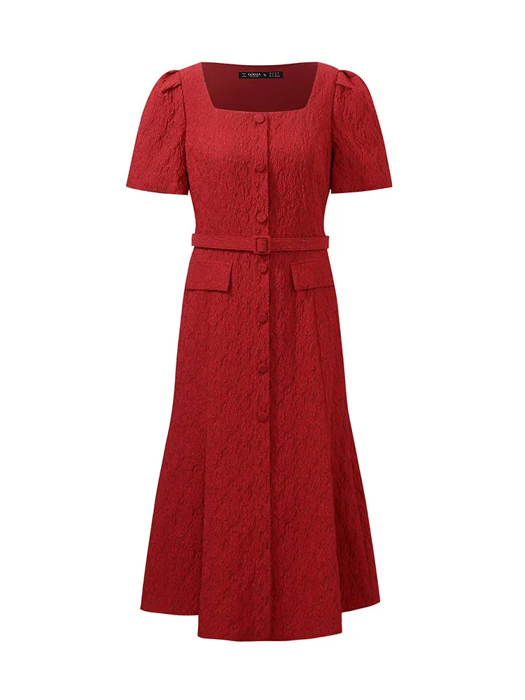 Jacquard Square Neck Single-Breasted Women Midi Dress With Belt