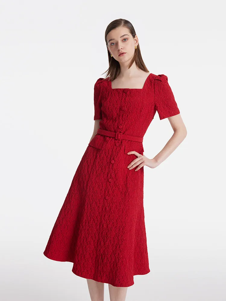 Jacquard Square Neck Single-Breasted Women Midi Dress With Belt