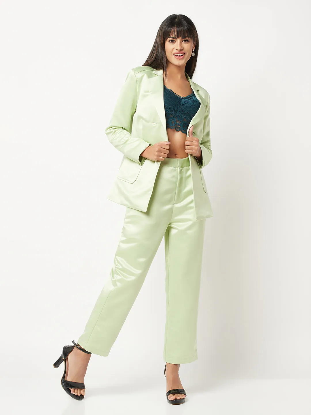 Light Green Satin Power Suit