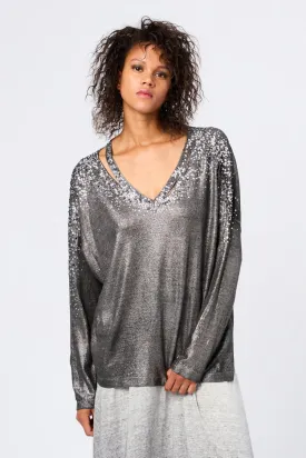 Linen Cotton V Neck Pullover with Lamination and Strass