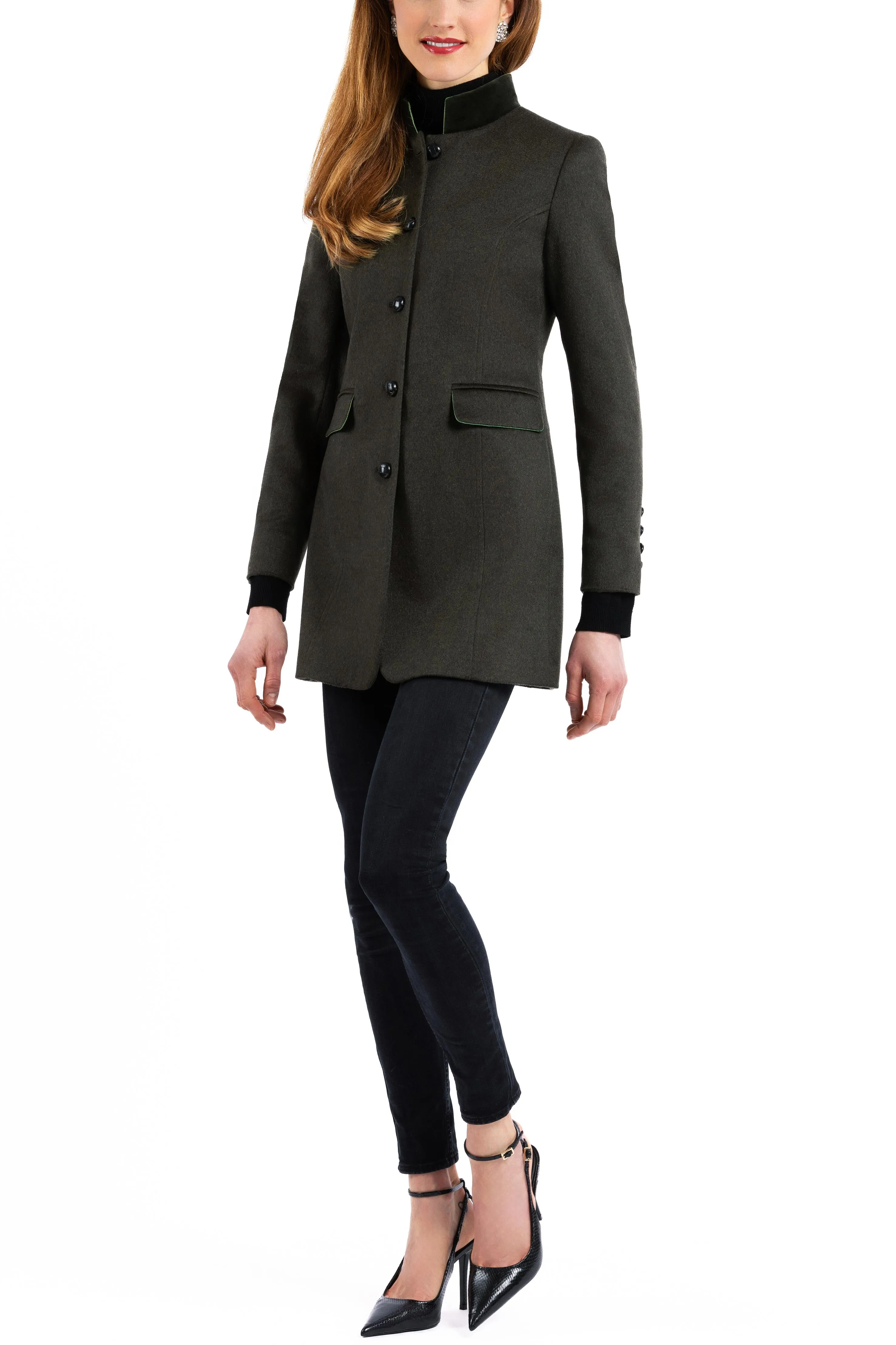 Long blazer in deep moss green combed cashmere